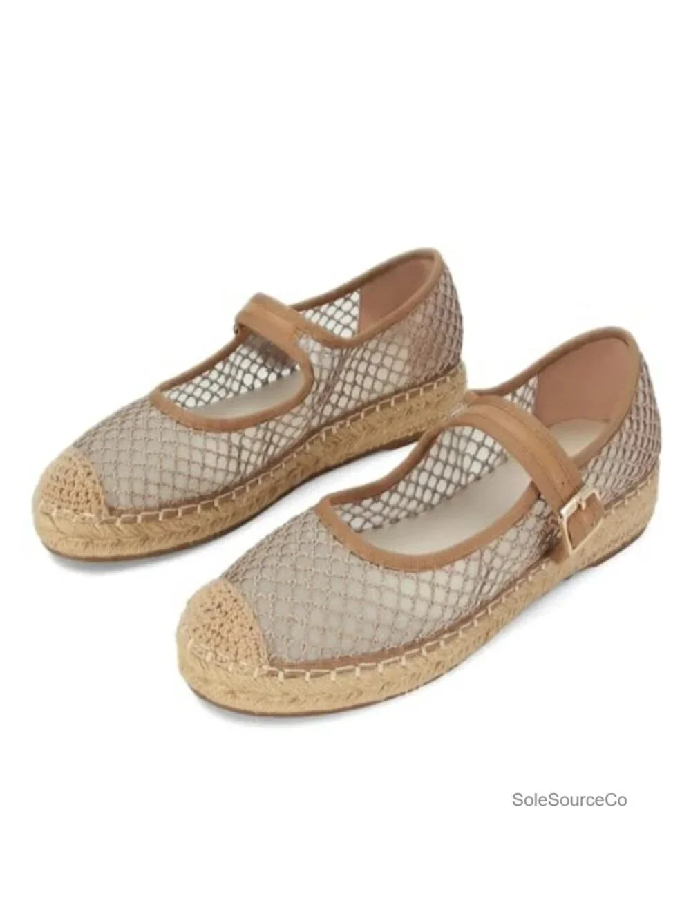 Women's Mesh Woven Raffia Espadrille Platform Mary Jane Flats with Buckle Strap